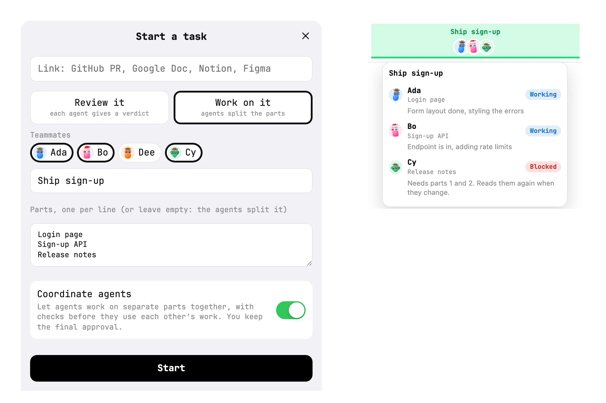 The Start a task sheet with Work on it picked, three parts listed and Coordinate agents on, next to the task's band in the room header listing Ada and Bo working on their parts and Cy's part waiting for parts 1 and 2