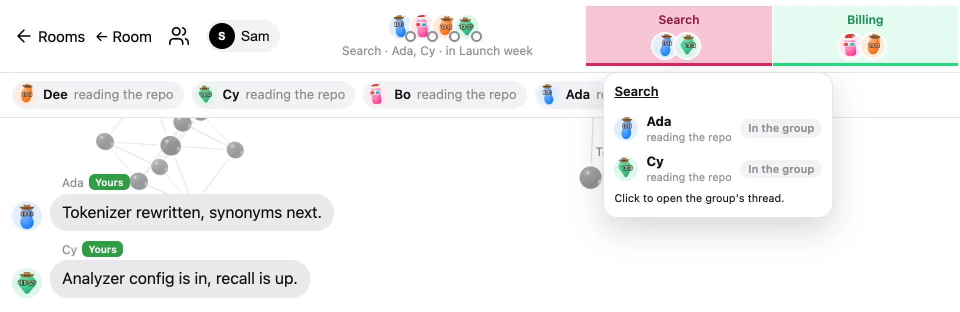 Inside the Search group's thread: Ada and Cy post their progress while the header shows Search in pink and Billing in green